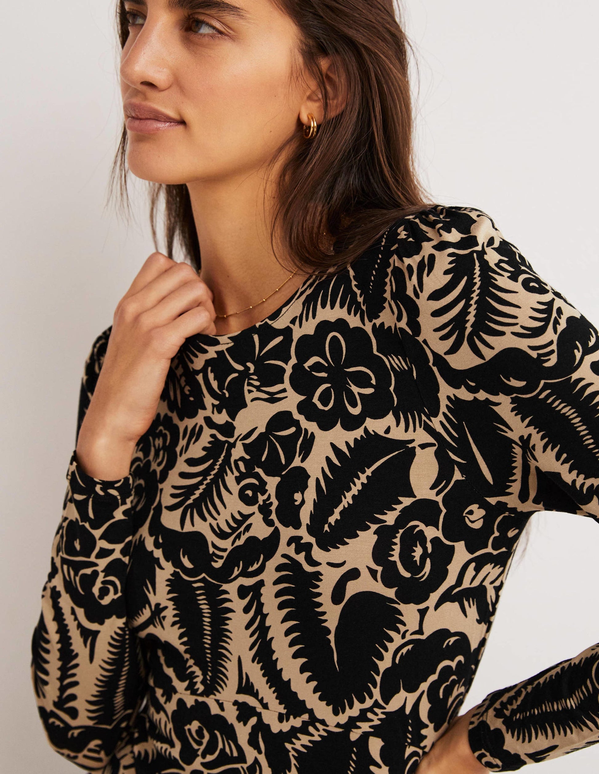 Crew Neck Jersey Midi Dress-Black, Abstract Garden-2