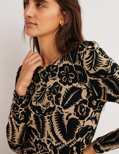 Crew Neck Jersey Midi Dress-Black, Abstract Garden-2