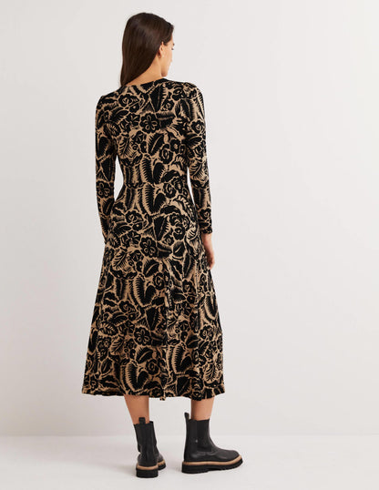Crew Neck Jersey Midi Dress-Black, Abstract Garden-3