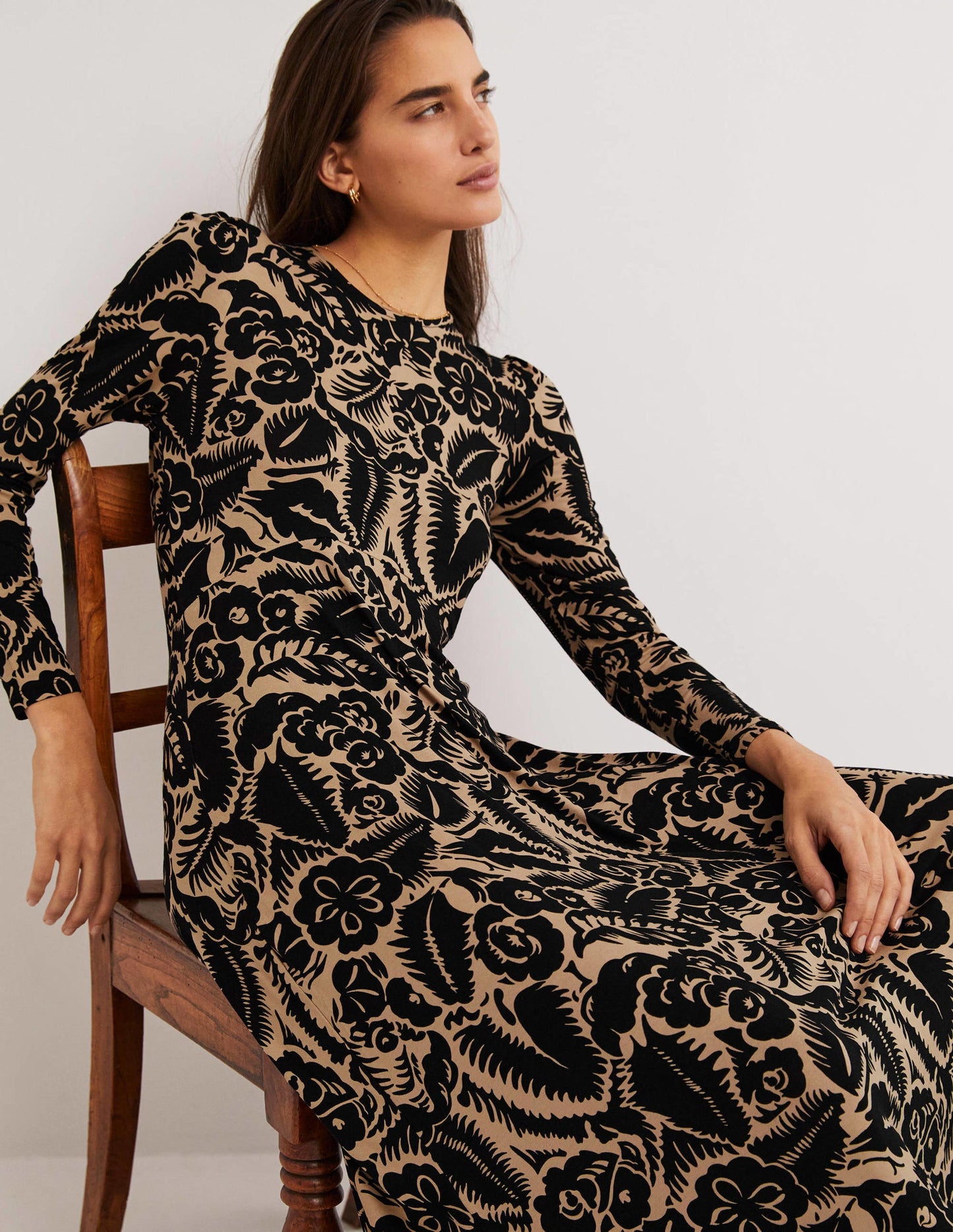 Crew Neck Jersey Midi Dress-Black, Abstract Garden