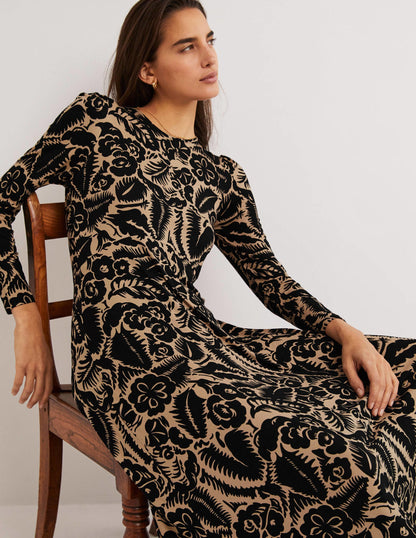 Crew Neck Jersey Midi Dress-Black, Abstract Garden-5