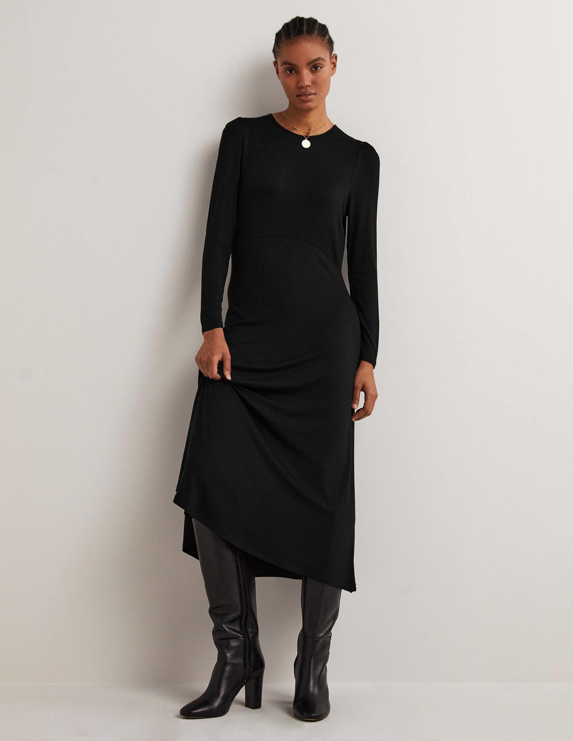 Crew Neck Jersey Midi Dress-Black-1