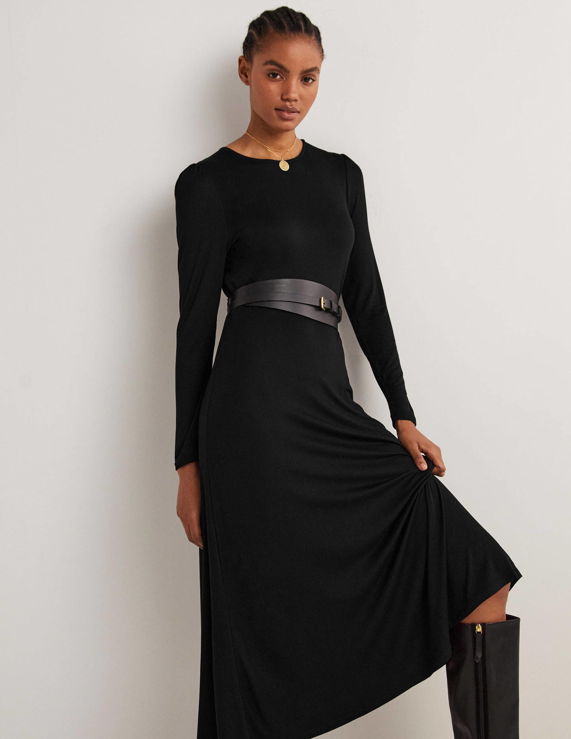 Crew Neck Jersey Midi Dress-Black-5