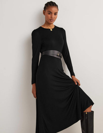 Crew Neck Jersey Midi Dress-Black-5
