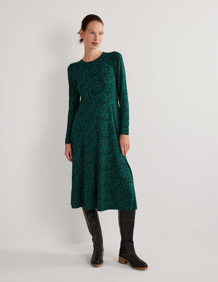 Crew Neck Jersey Midi Dress-Forest, Petal Bloom