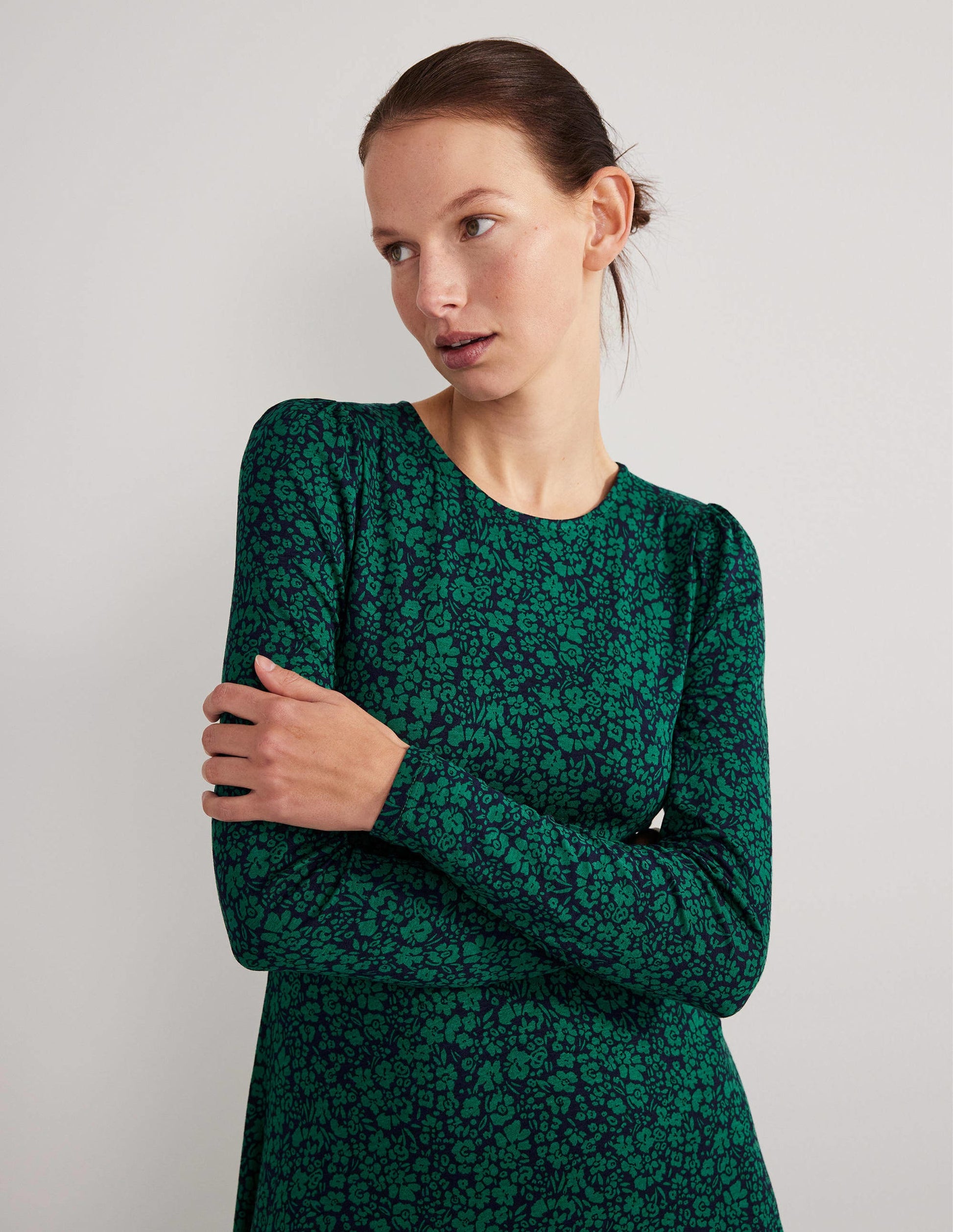 Crew Neck Jersey Midi Dress-Forest, Petal Bloom-2