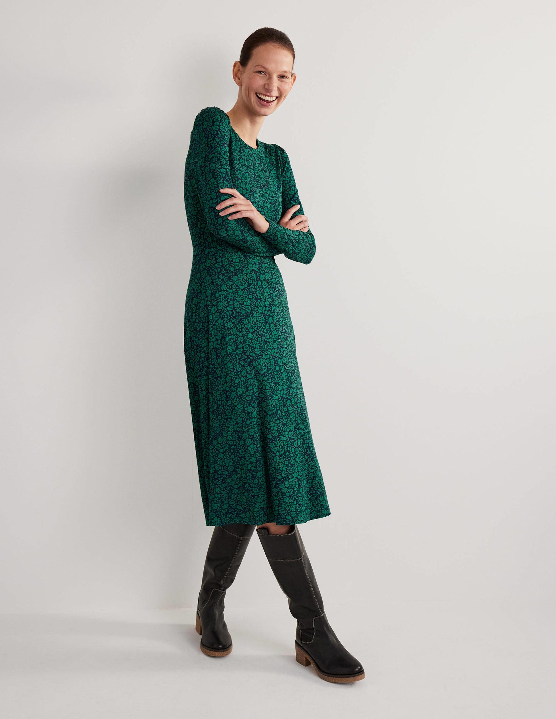Crew Neck Jersey Midi Dress-Forest, Petal Bloom-4