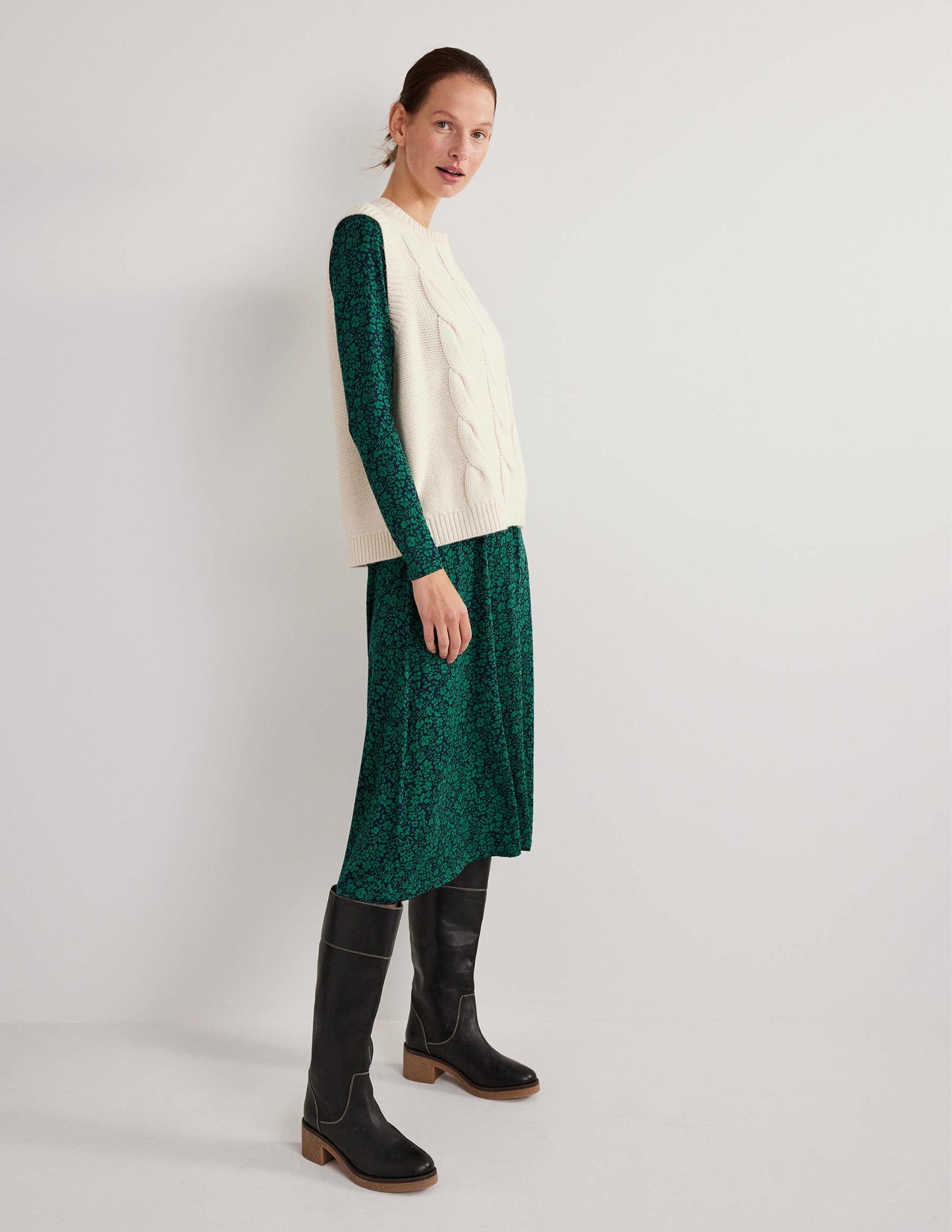 Crew Neck Jersey Midi Dress-Forest, Petal Bloom