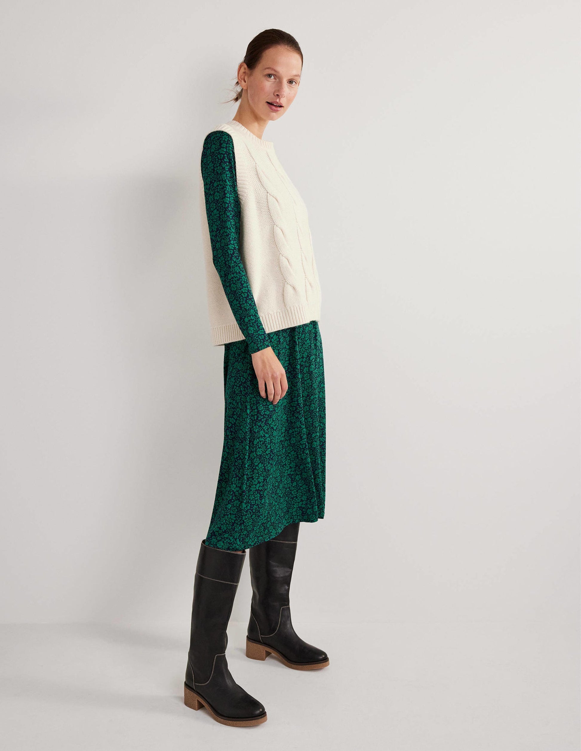 Crew Neck Jersey Midi Dress-Forest, Petal Bloom-5