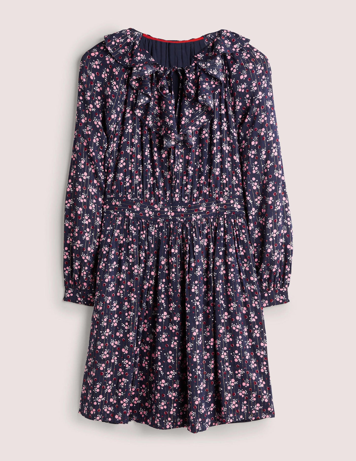 Metallic Frill Detail Dress-Navy, Berry Sprig