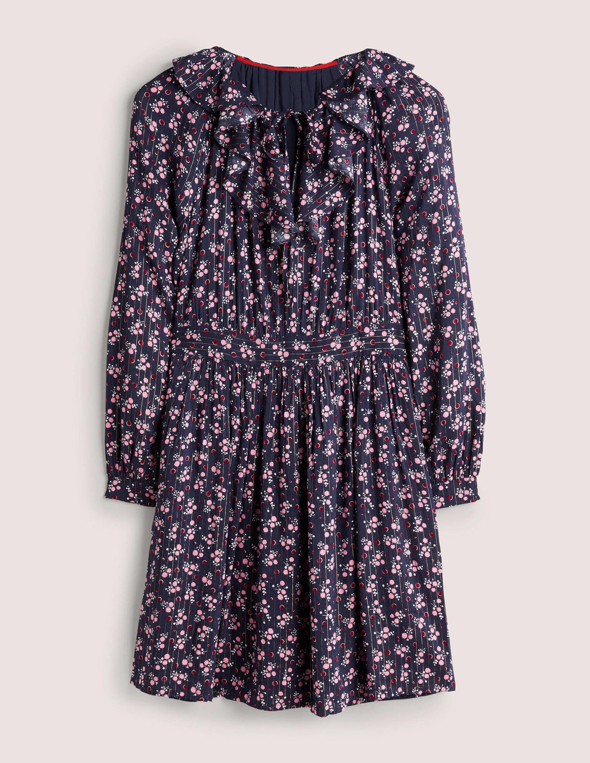 Metallic Frill Detail Dress-Navy, Berry Sprig-5