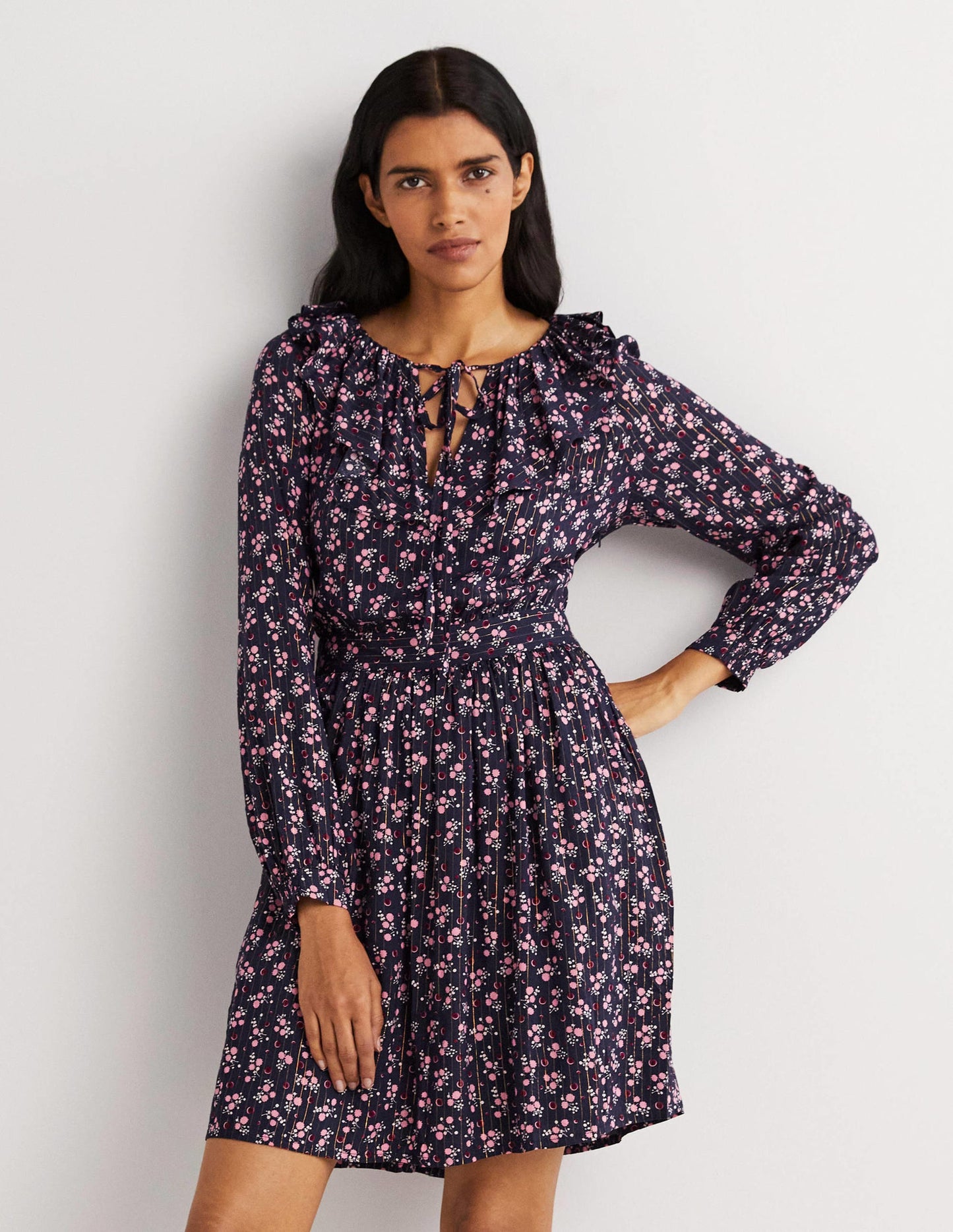 Metallic Frill Detail Dress-Navy, Berry Sprig