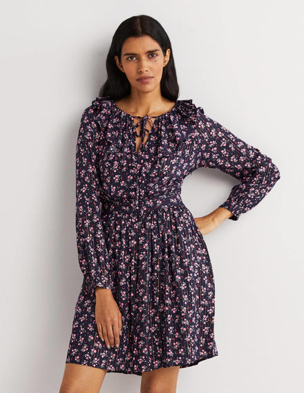 Metallic Frill Detail Dress-Navy, Berry Sprig