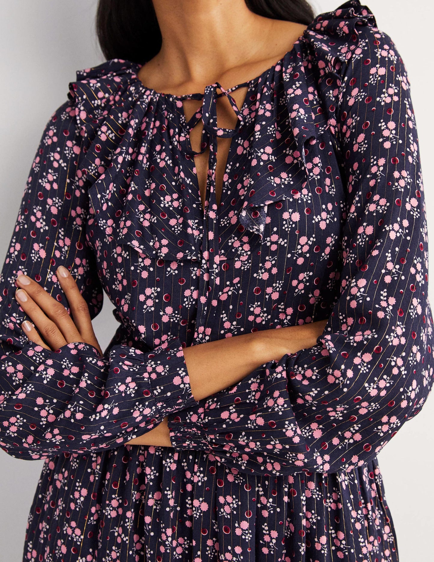 Metallic Frill Detail Dress-Navy, Berry Sprig