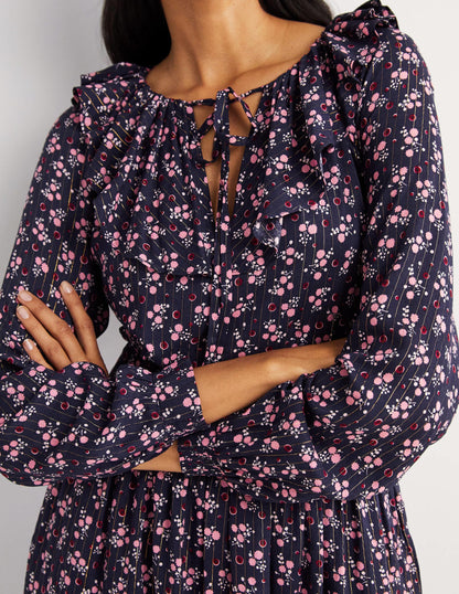 Metallic Frill Detail Dress-Navy, Berry Sprig-2