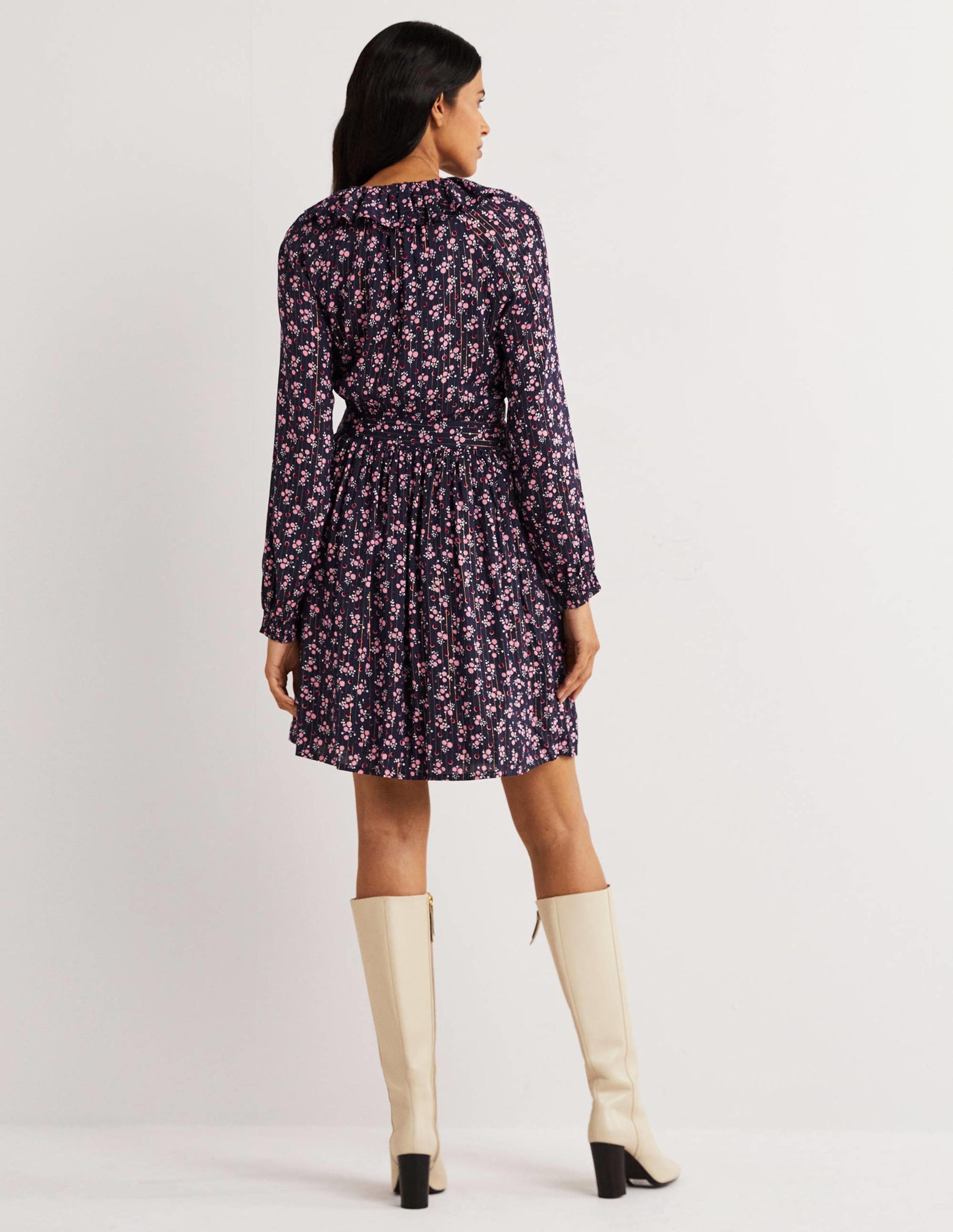 Metallic Frill Detail Dress-Navy, Berry Sprig-3