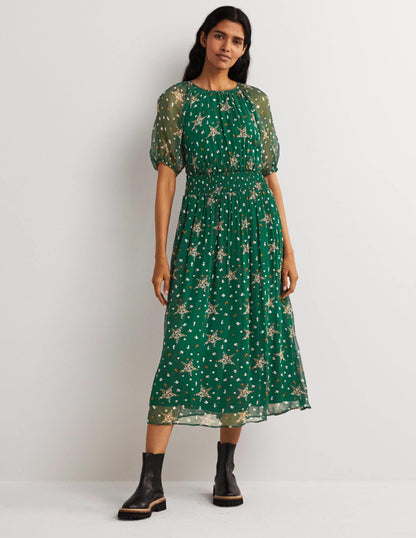Deep Smocked Waist Midi Dress-Hunter Green, Star Floral-1