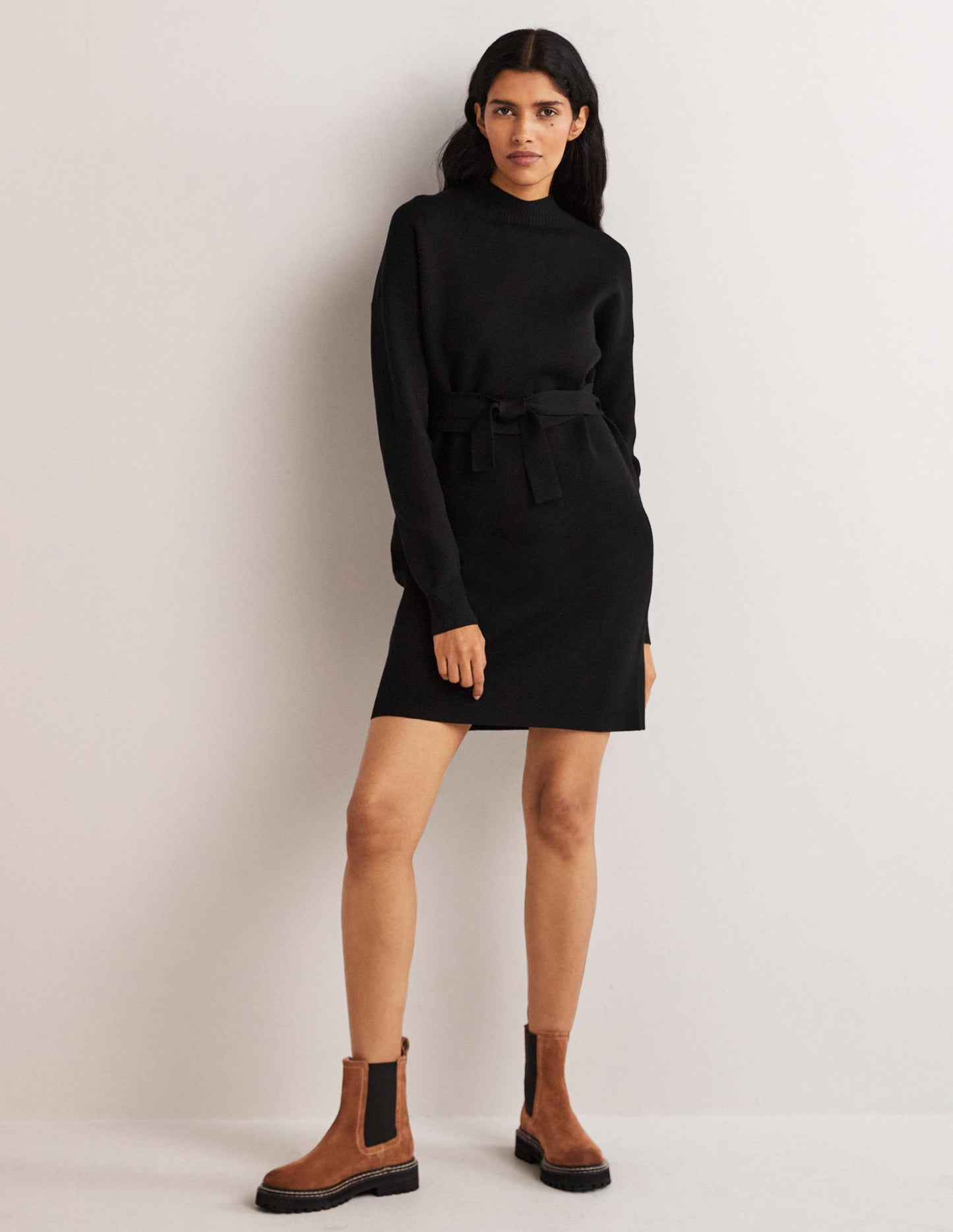 High Neck Knitted Shift Dress-Black
