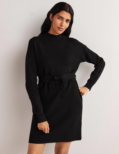 High Neck Knitted Shift Dress-Black-2