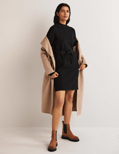 High Neck Knitted Shift Dress-Black-4