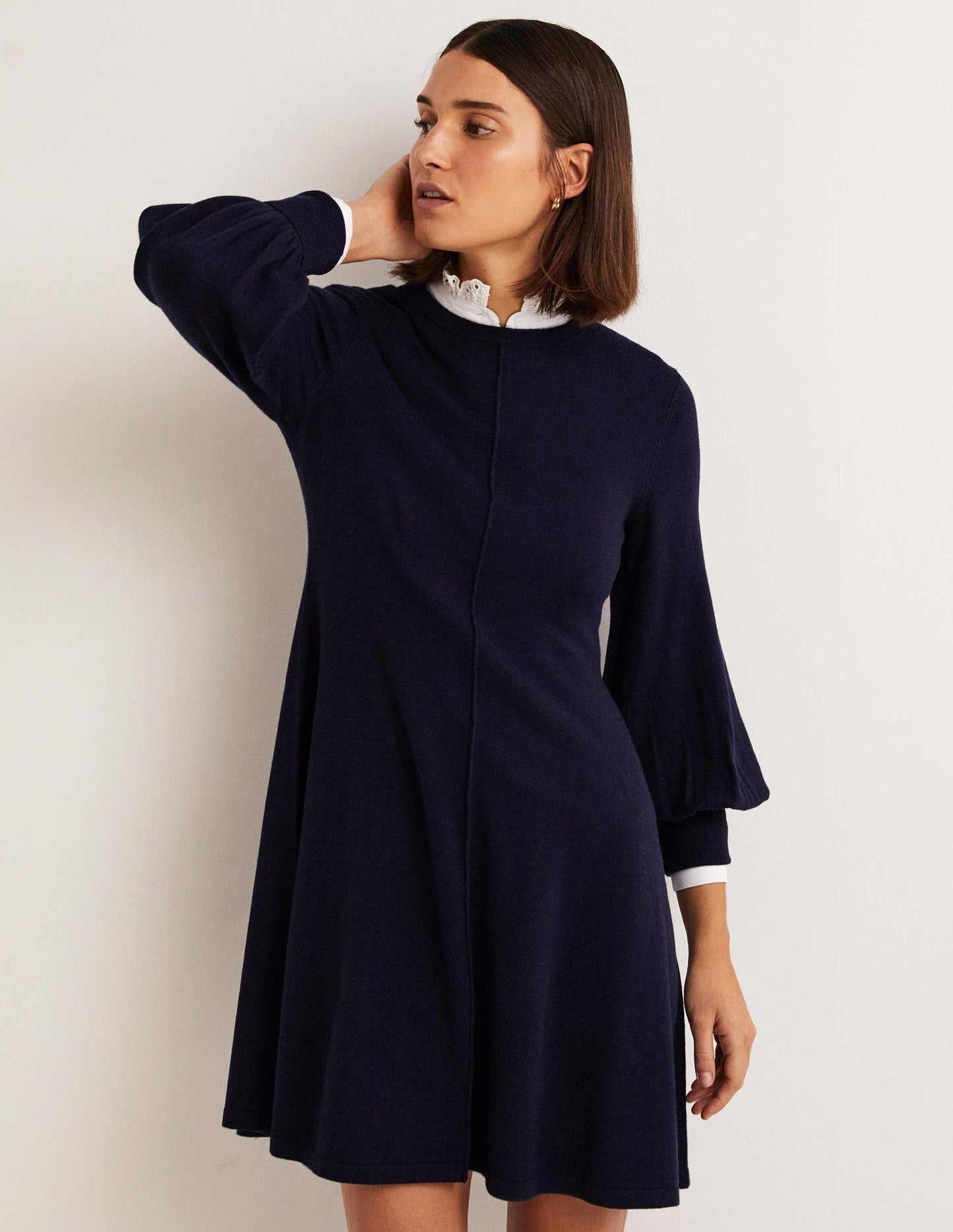 Cuff Detail Knitted Mini Dress-Navy