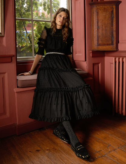 Black Polka Dot Tulle Midi Dress-Black-6