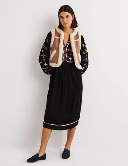 Embroidered Midi Dress-Black-4