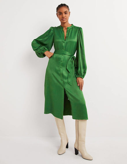 Satin Midi Shirt Dress-Hunter Green