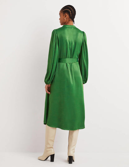 Satin Midi Shirt Dress-Hunter Green-3