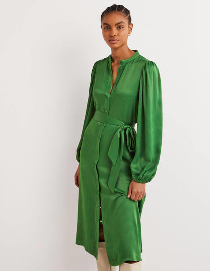 Satin Midi Shirt Dress-Hunter Green-4