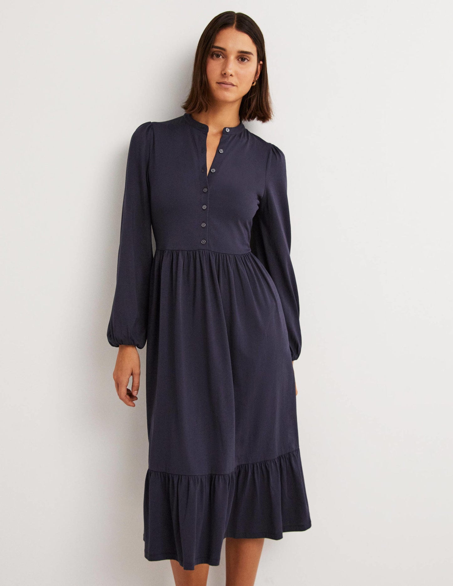Buttoned Jersey Midi Dress-Navy
