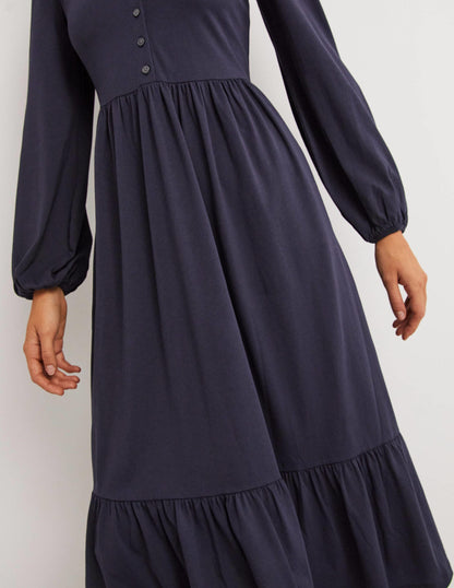 Buttoned Jersey Midi Dress-Navy-2