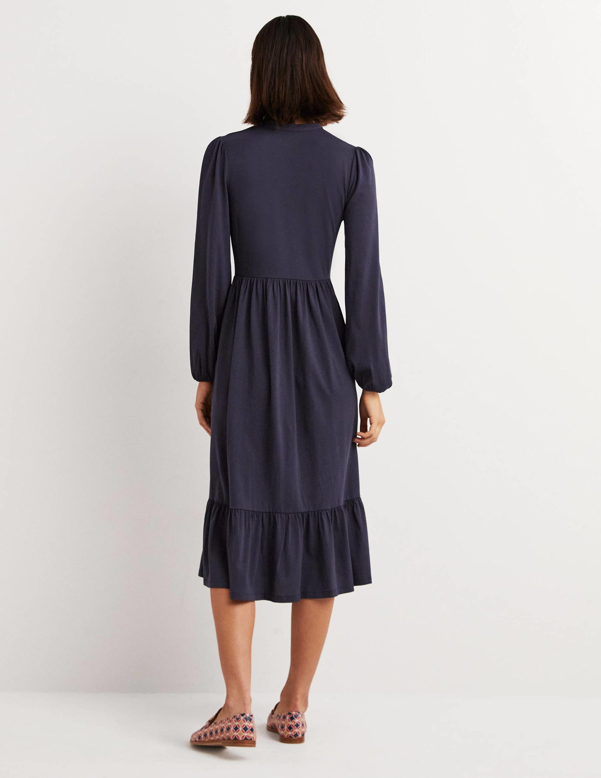 Buttoned Jersey Midi Dress-Navy-3
