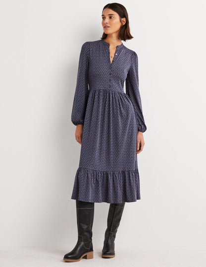 Buttoned Jersey Midi Dress-Navy, Diamond Bud-1