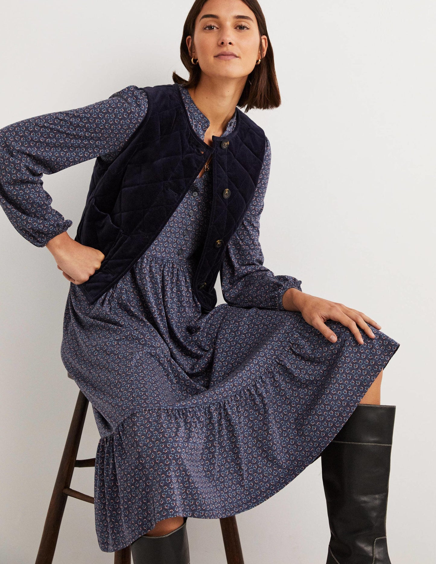 Buttoned Jersey Midi Dress-Navy, Diamond Bud