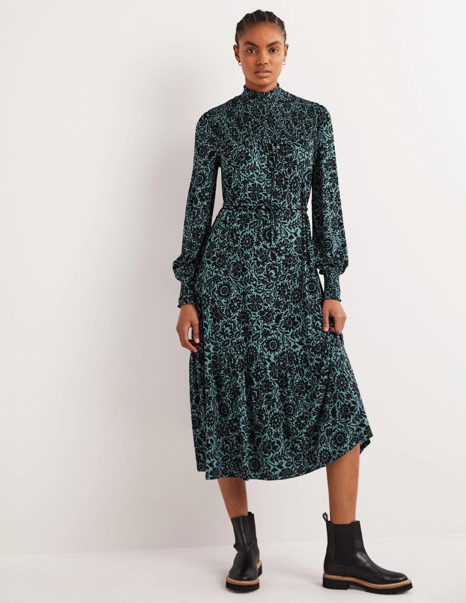 High Neck Jersey Maxi Dress-Mid Blue, Foliage Bloom-1