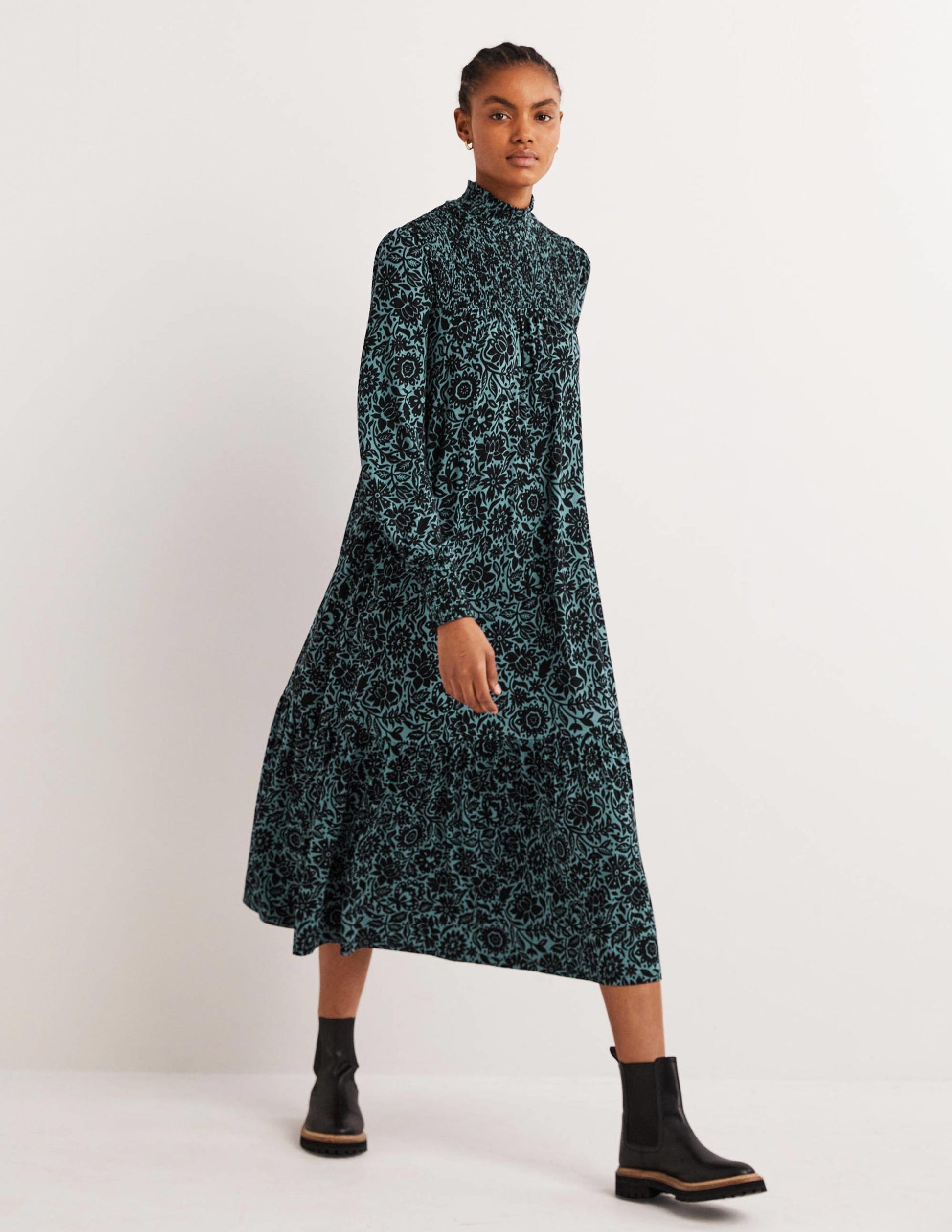 High Neck Jersey Maxi Dress-Mid Blue, Foliage Bloom-5