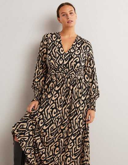 Smocked Jersey Midi Dress-Black, Ikat-1