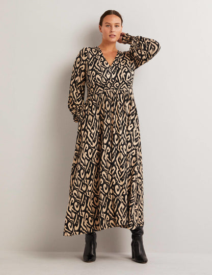 Smocked Jersey Midi Dress-Black, Ikat-5