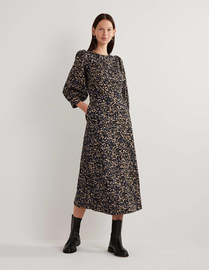 Jersey Jacquard Midi Dress-Spiced Latte, Leaf Cluster-1