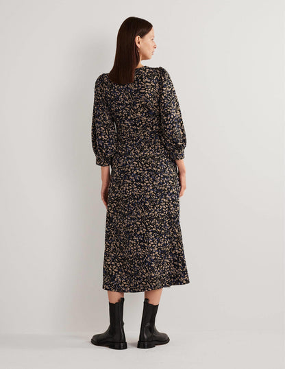 Jersey Jacquard Midi Dress-Spiced Latte, Leaf Cluster-3