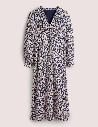 Button Through Midi Tea Dress-Navy, Flower Garden-5