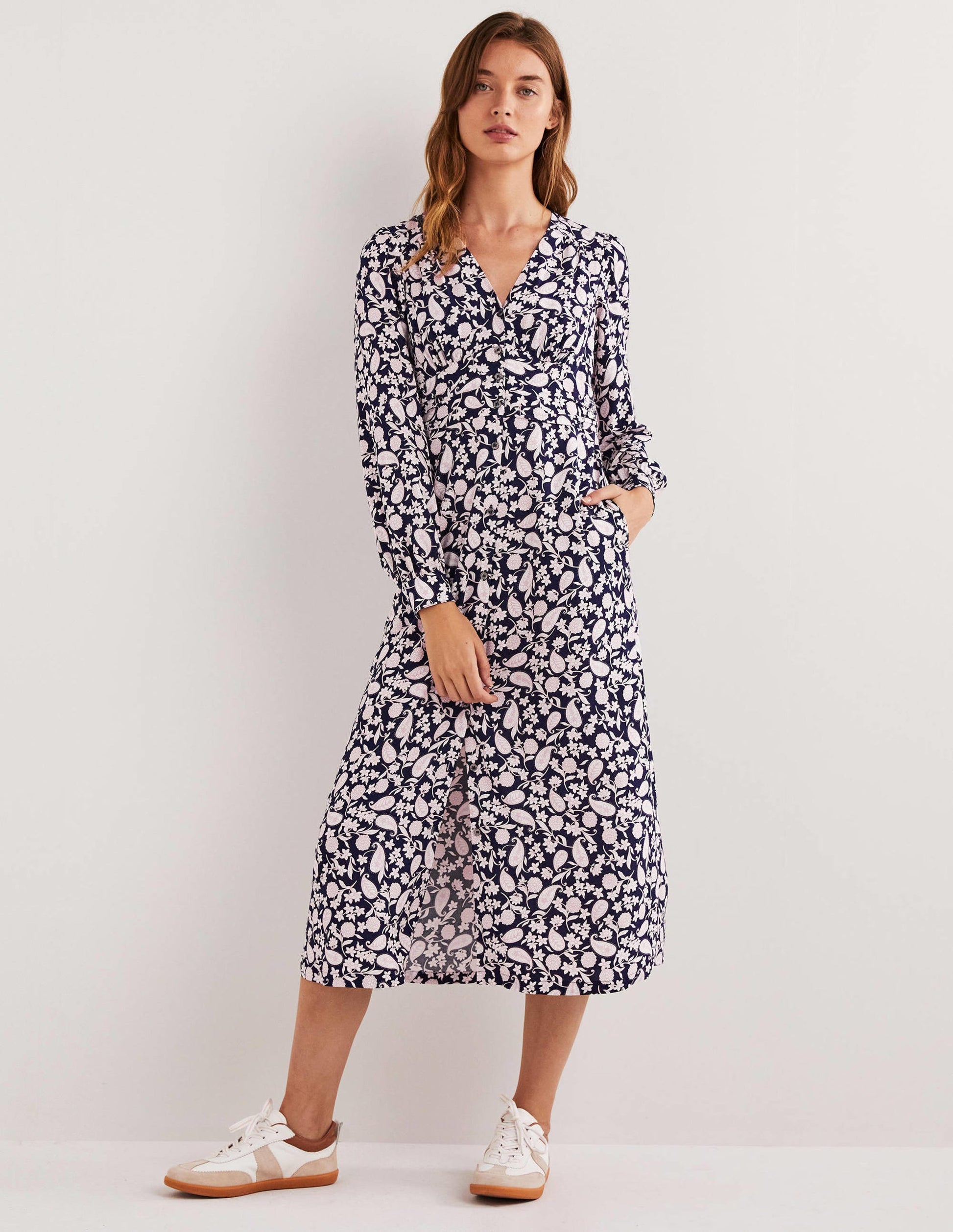 Button Through Midi Tea Dress-Navy, Flower Garden-1