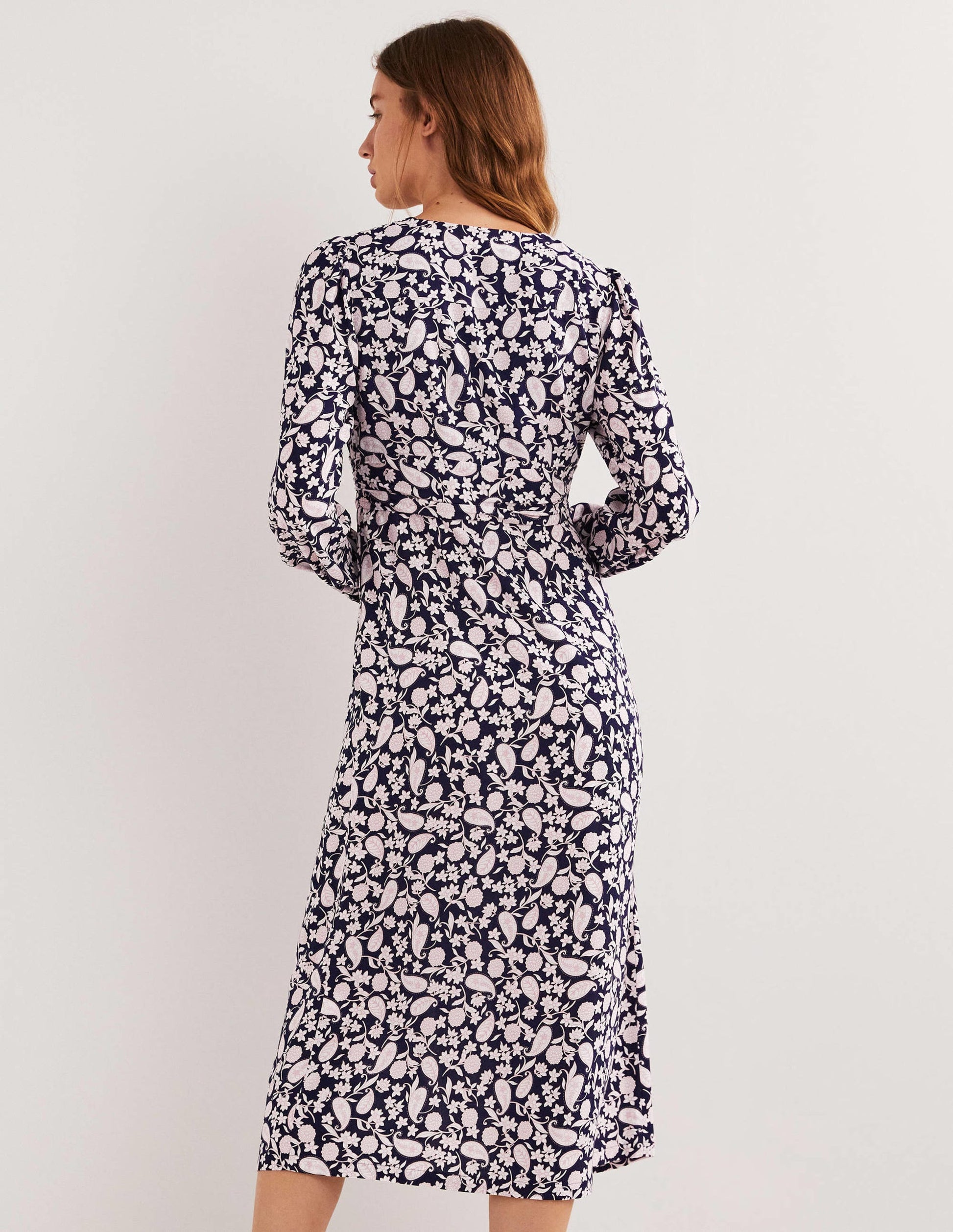 Button Through Midi Tea Dress-Navy, Flower Garden-3