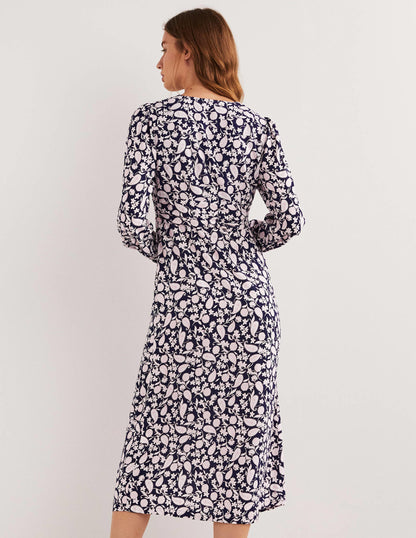 Button Through Midi Tea Dress-Navy, Flower Garden-3