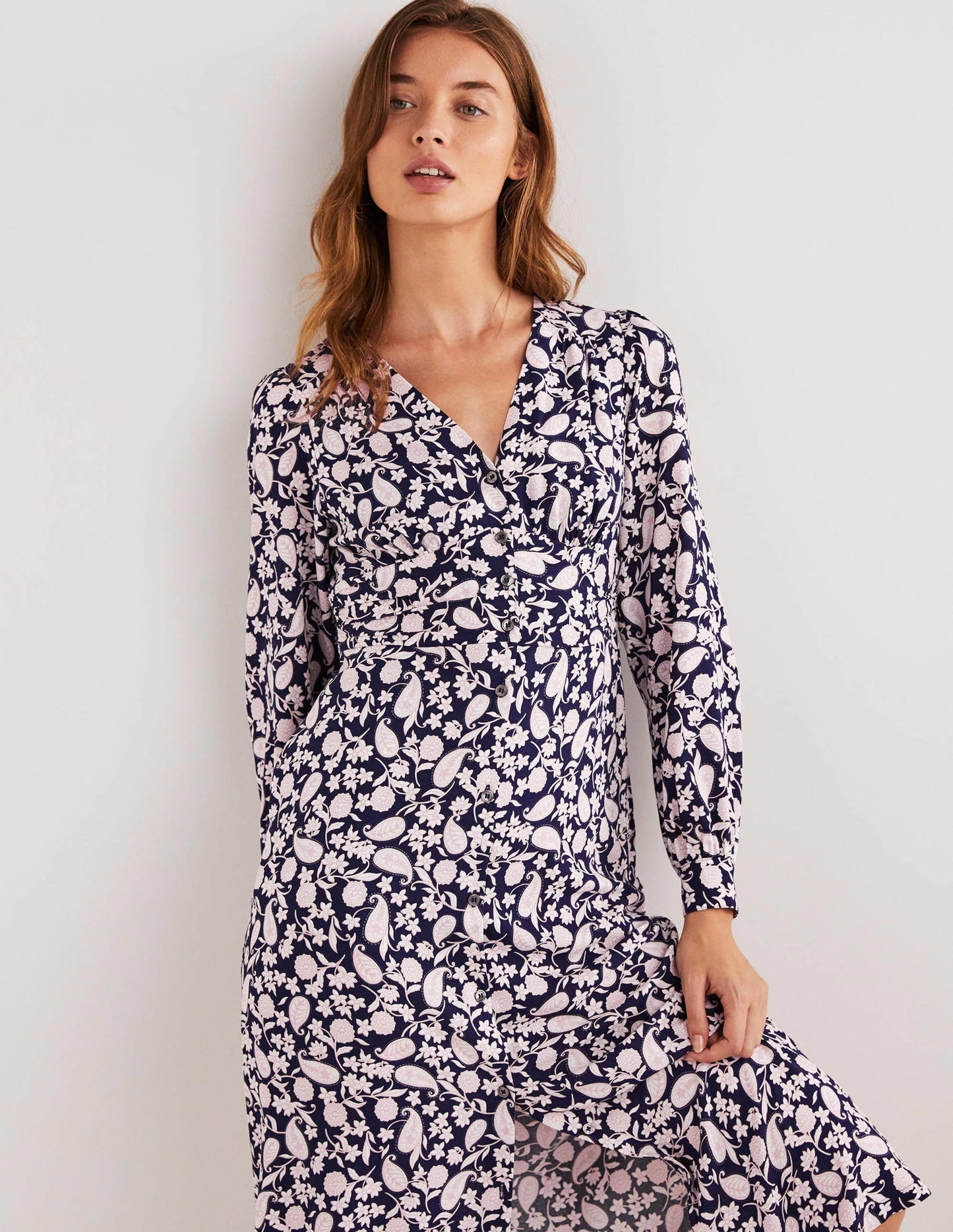 Button Through Midi Tea Dress-Navy, Flower Garden