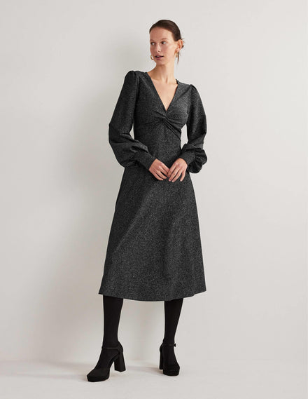 Black Sparkle Metallic Jersey Midi Dress-Black Sparkle