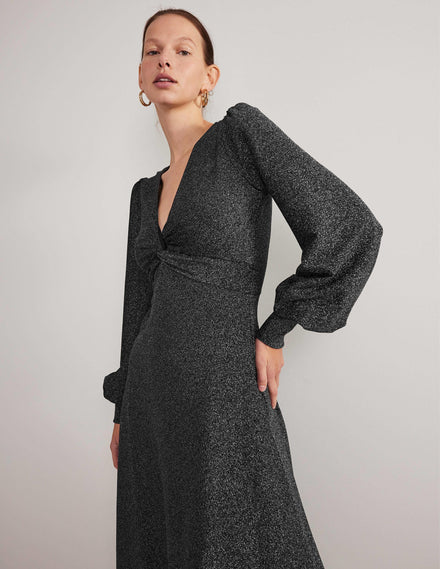Black Sparkle Metallic Jersey Midi Dress-Black Sparkle