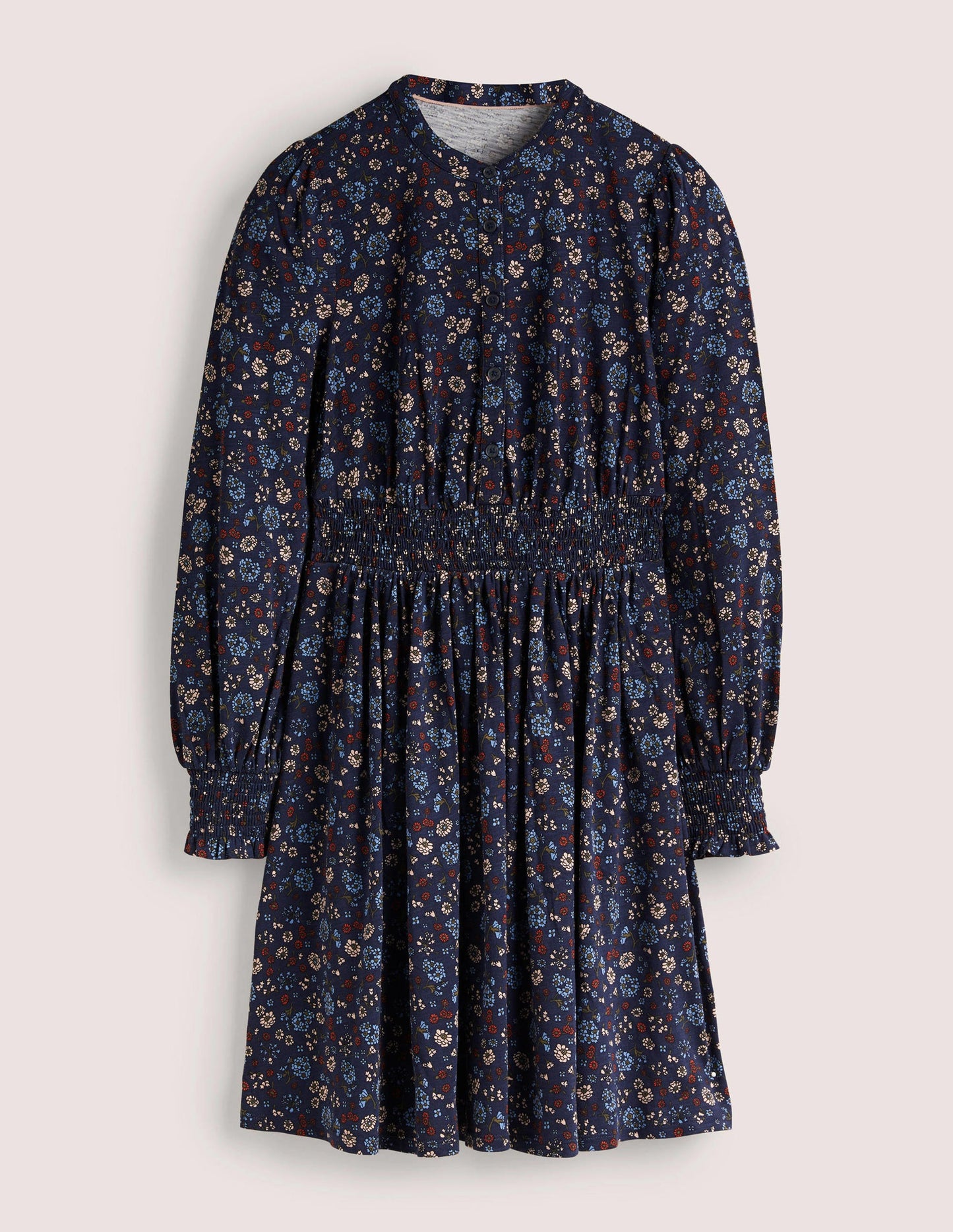 Smocked Jersey Shirt Dress-Navy, Ditsy Charm