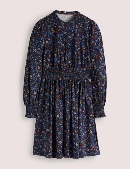 Smocked Jersey Shirt Dress-Navy, Ditsy Charm-6